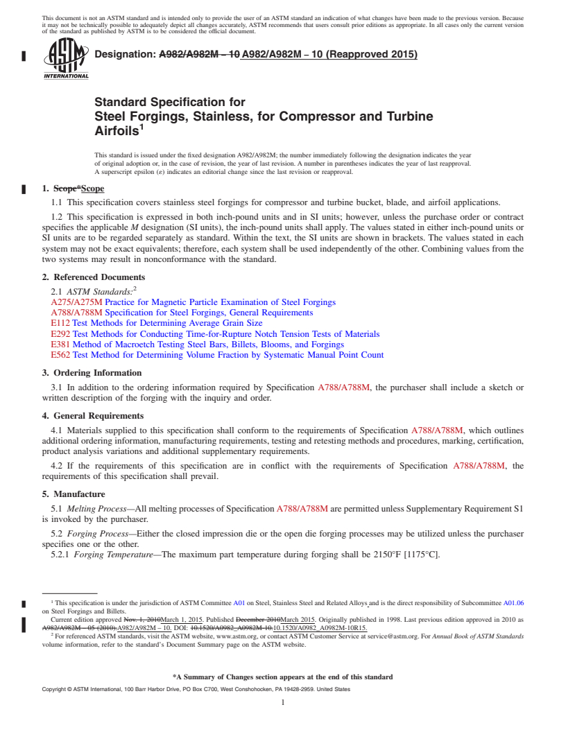REDLINE ASTM A982/A982M-10(2015) - Standard Specification for Steel Forgings, Stainless, for Compressor and Turbine Airfoils