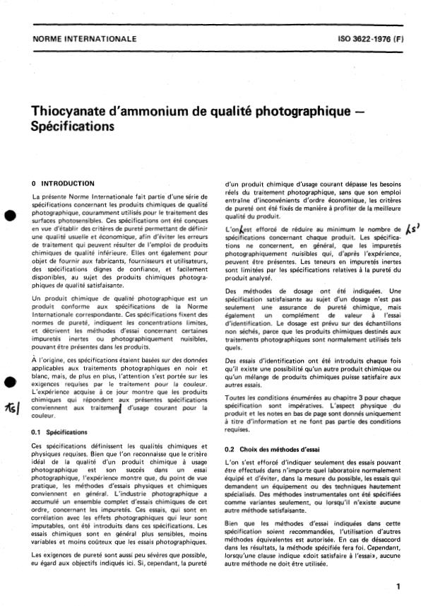 ISO 3622:1976 - Thiocyanate d'ammonium de qualité photographique -- Spécifications