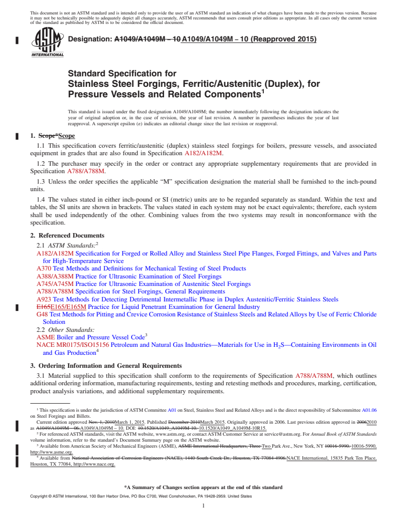 REDLINE ASTM A1049/A1049M-10(2015) - Standard Specification for Stainless Steel Forgings, Ferritic/Austenitic (Duplex), for  Pressure Vessels and Related Components