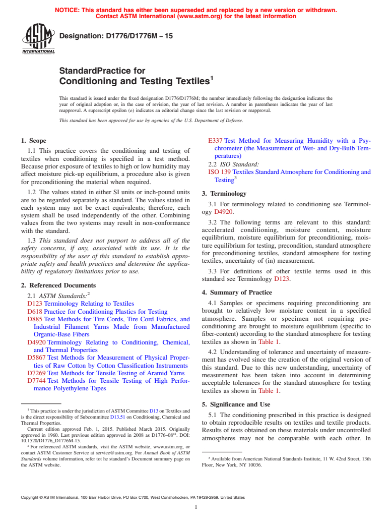 ASTM D1776/D1776M-15 - Standard Practice for  Conditioning and Testing Textiles