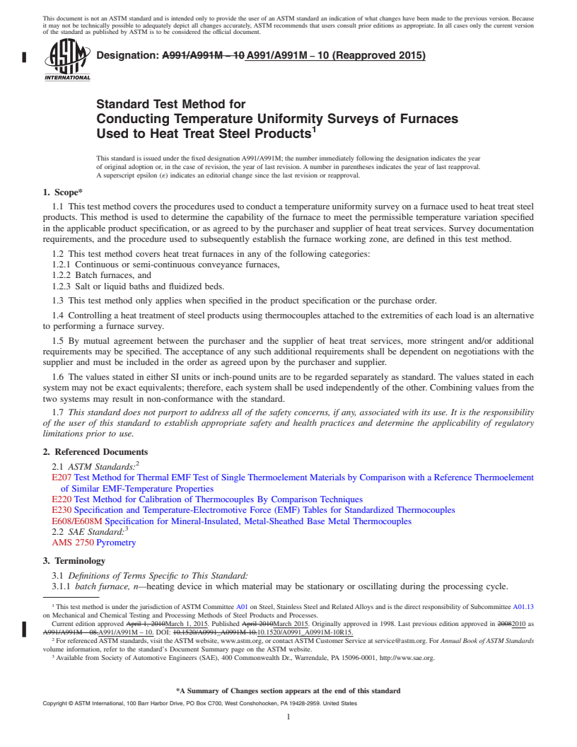 REDLINE ASTM A991/A991M-10(2015) - Standard Test Method for  Conducting Temperature Uniformity Surveys of Furnaces Used  to Heat Treat Steel Products