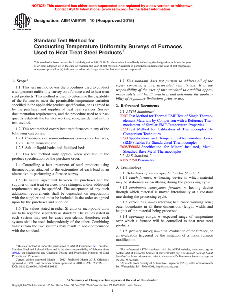 ASTM A991/A991M-10(2015) - Standard Test Method for  Conducting Temperature Uniformity Surveys of Furnaces Used  to Heat Treat Steel Products