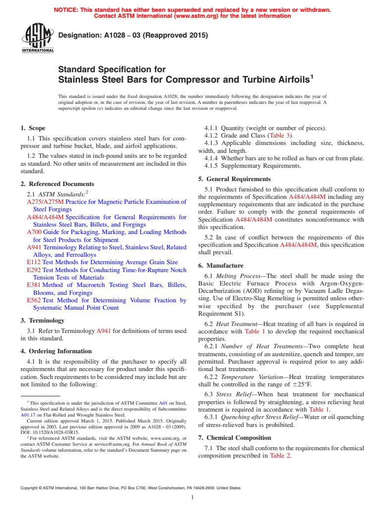 ASTM A1028-03(2015) - Standard Specification for  Stainless Steel Bars for Compressor and Turbine Airfoils (Withdrawn 2021)