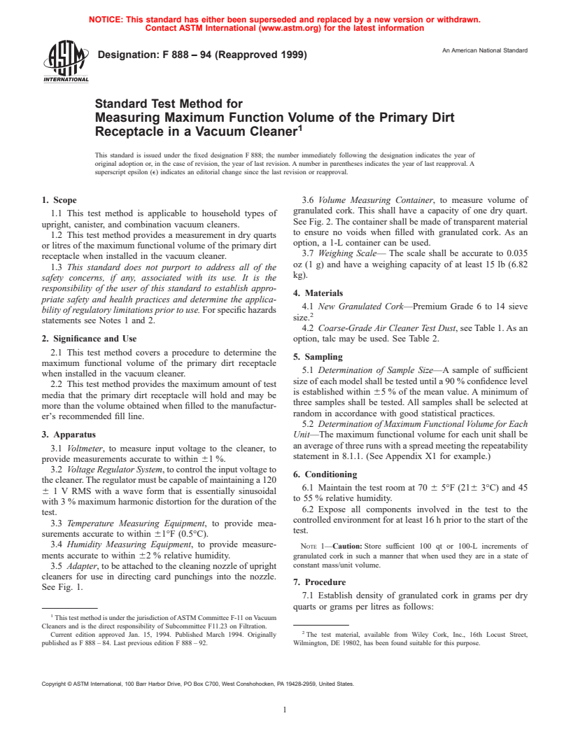 ASTM F888-94(1999) - Standard Test Method for Measuring Maximum Function Volume of the Primary Dirt Receptacle in a Vacuum Cleaner