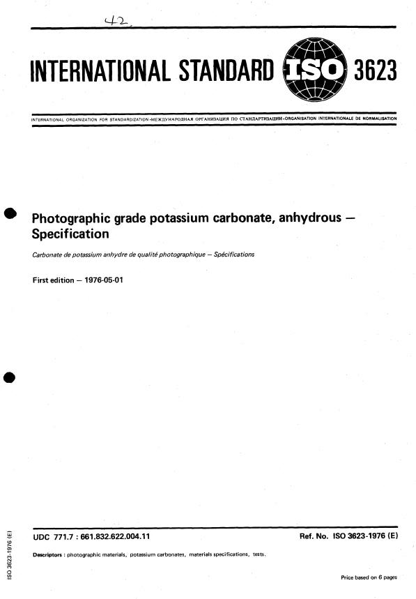 ISO 3623:1976 - Photographic grade potassium carbonate, anhydrous -- Specification