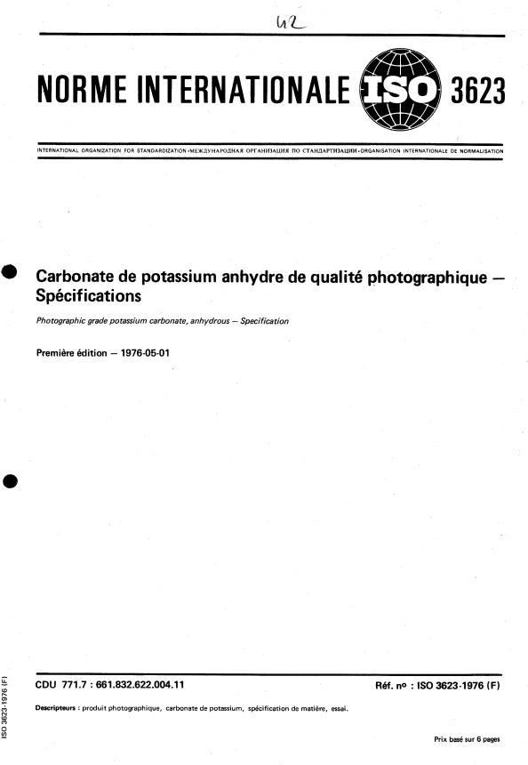 ISO 3623:1976 - Carbonate de potassium anhydre de qualité photographique -- Spécifications