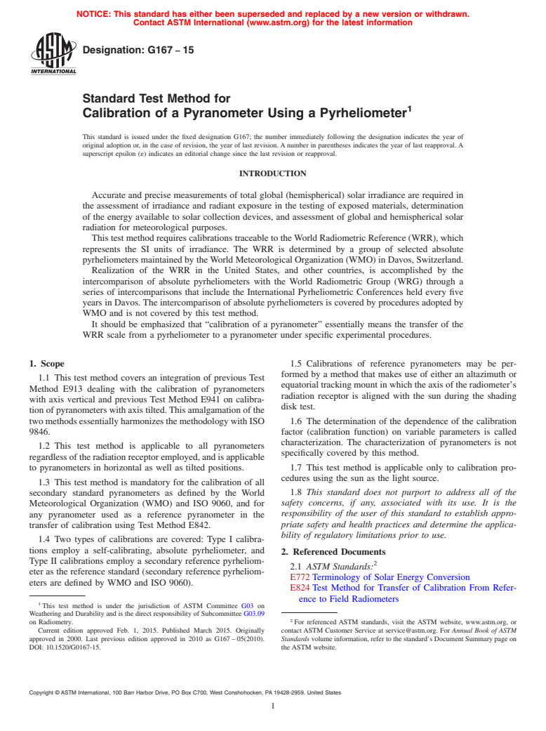 ASTM G167-15 - Standard Test Method for  Calibration of a Pyranometer Using a Pyrheliometer