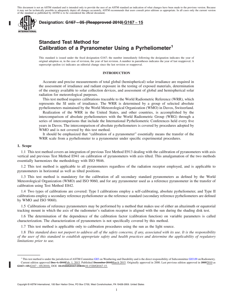 REDLINE ASTM G167-15 - Standard Test Method for  Calibration of a Pyranometer Using a Pyrheliometer