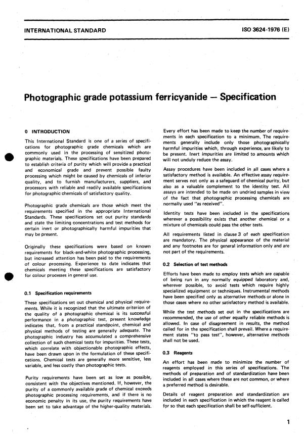 ISO 3624:1976 - Photographic grade potassium ferricyanide -- Specification