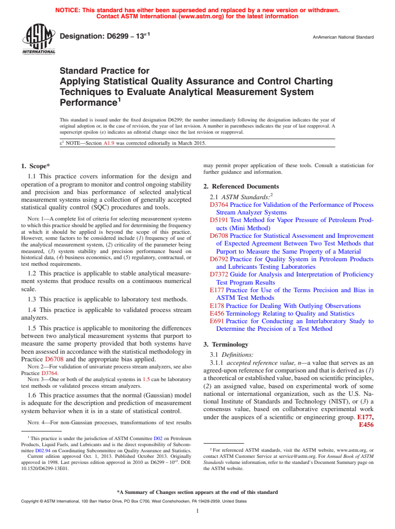 ASTM D6299-13e1 - Standard Practice for  Applying Statistical Quality Assurance and Control Charting   Techniques to Evaluate Analytical Measurement System Performance