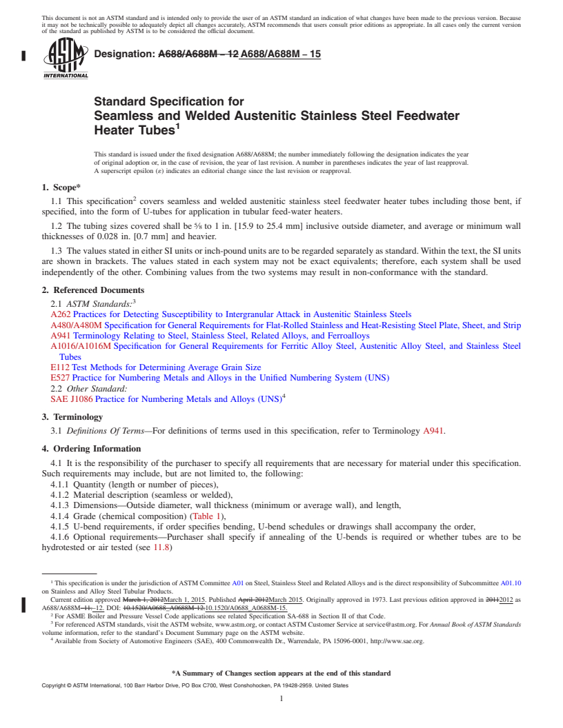 REDLINE ASTM A688/A688M-15 - Standard Specification for  Seamless and Welded Austenitic Stainless Steel Feedwater Heater   Tubes