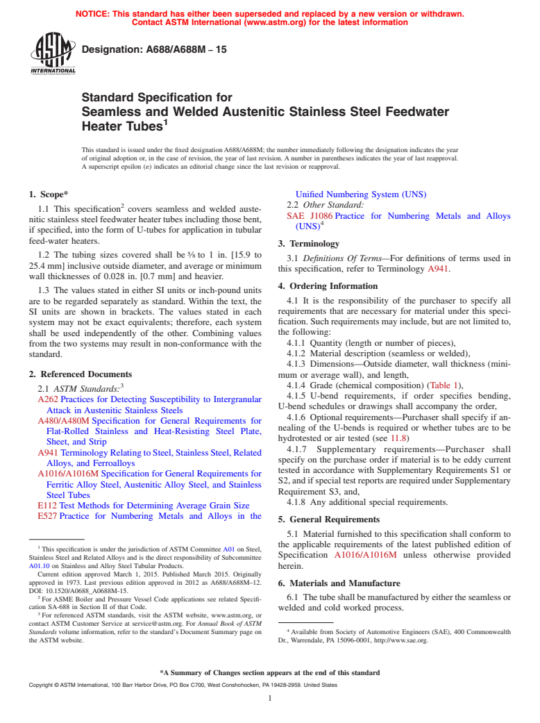 ASTM A688/A688M-15 - Standard Specification for  Seamless and Welded Austenitic Stainless Steel Feedwater Heater   Tubes