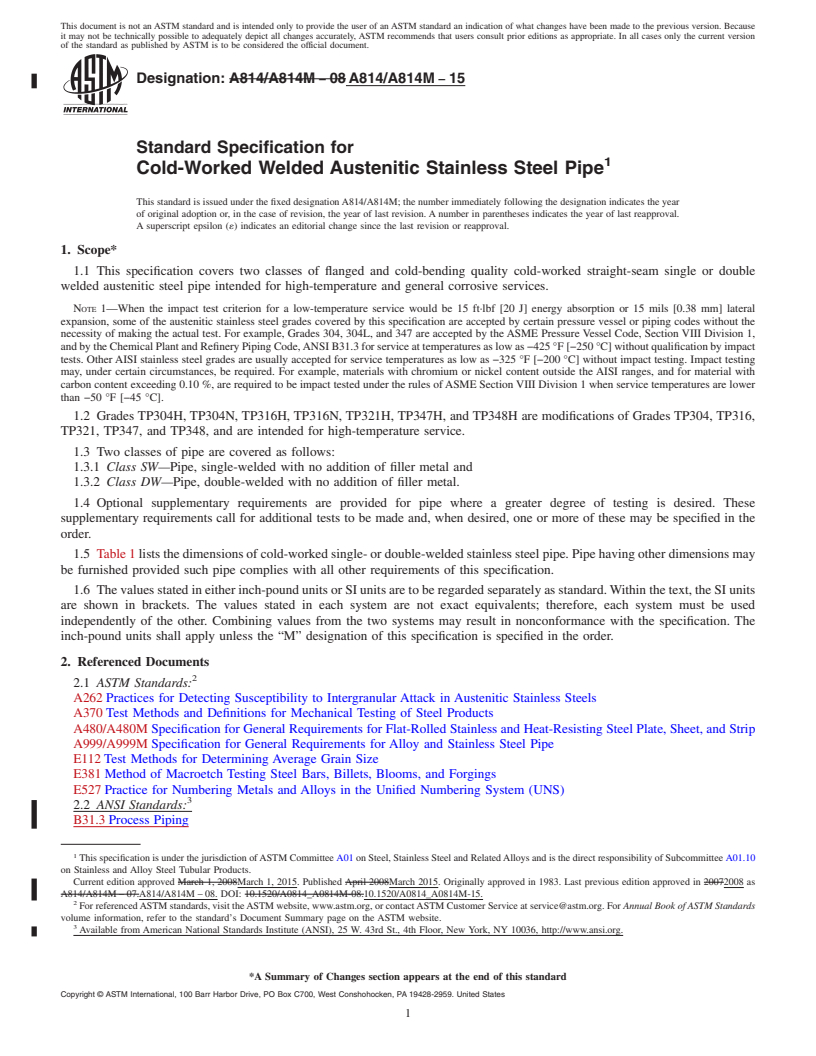 REDLINE ASTM A814/A814M-15 - Standard Specification for  Cold-Worked Welded Austenitic Stainless Steel Pipe