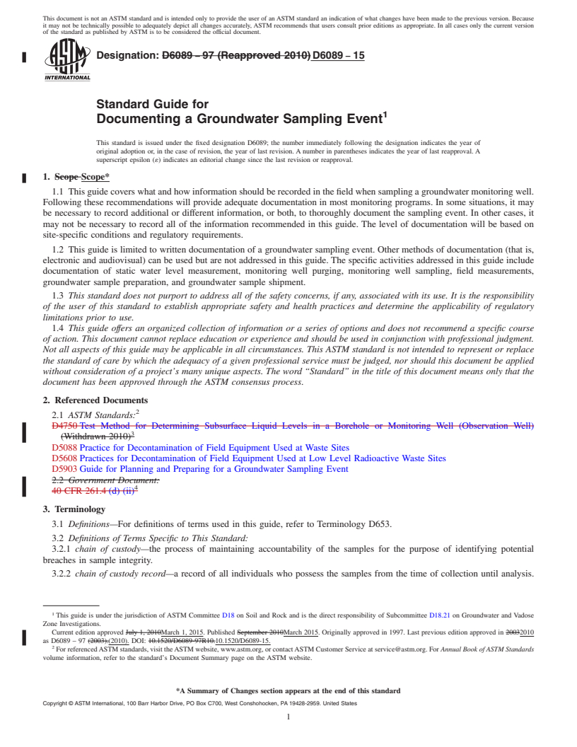 REDLINE ASTM D6089-15 - Standard Guide for  Documenting a Groundwater Sampling Event