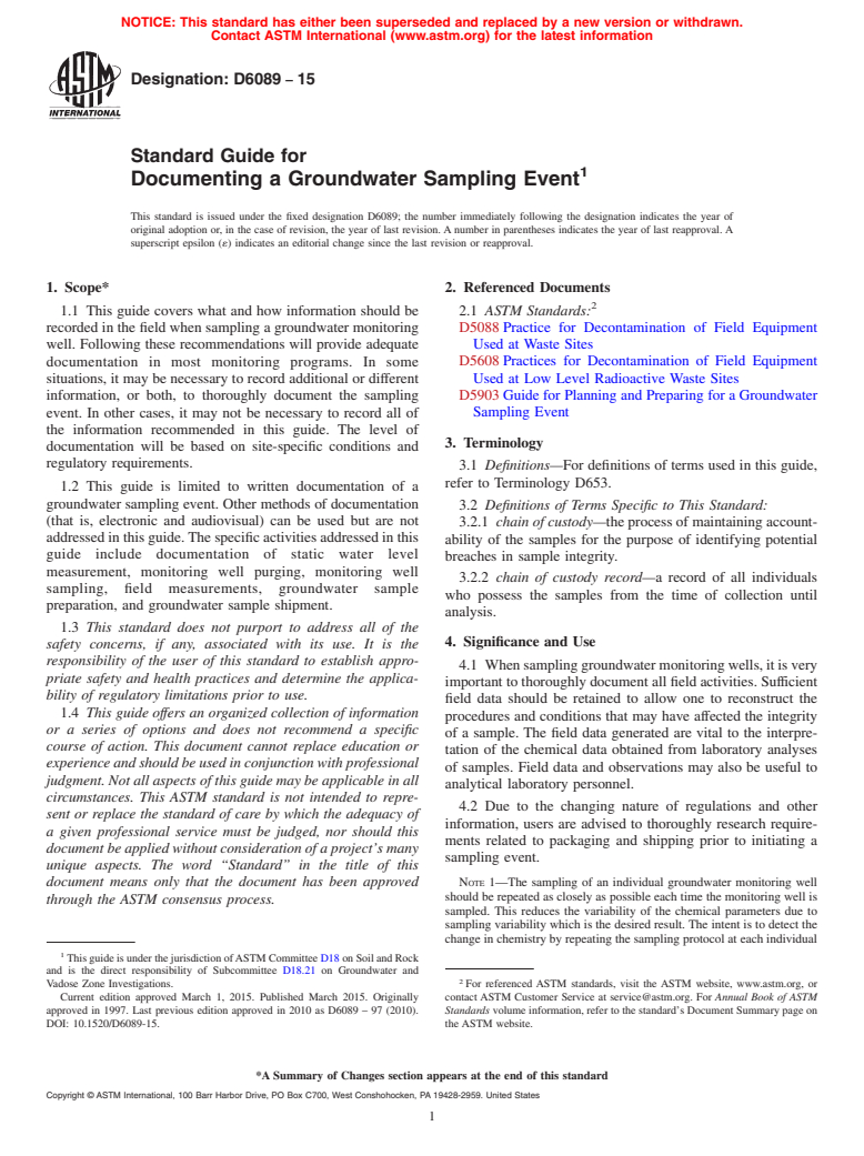 ASTM D6089-15 - Standard Guide for  Documenting a Groundwater Sampling Event