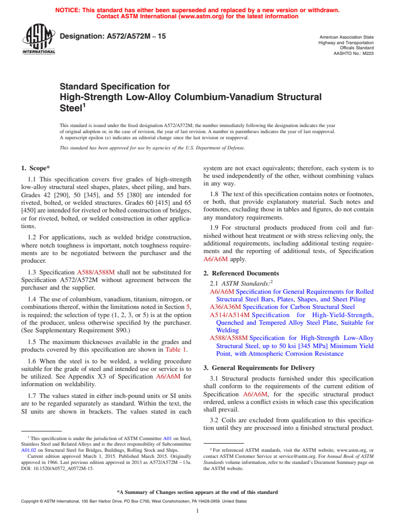 ASTM A572/A572M-15 - Standard Specification for  High-Strength Low-Alloy Columbium-Vanadium Structural Steel