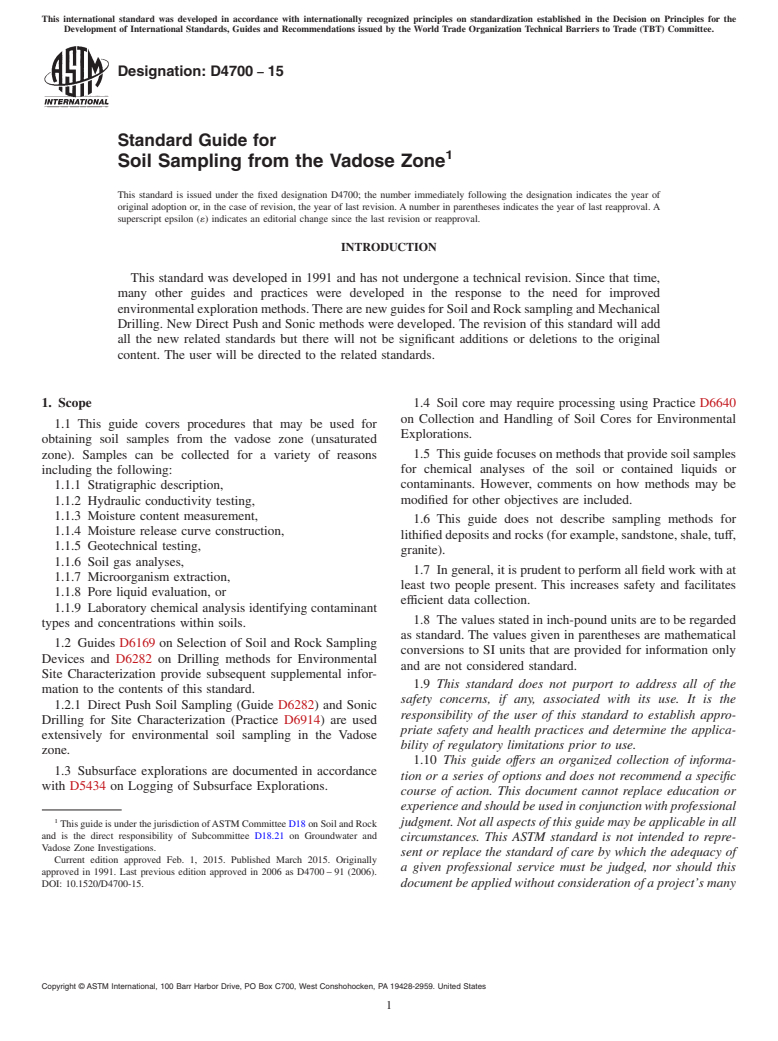 ASTM D4700-15 - Standard Guide for  Soil Sampling from the Vadose Zone