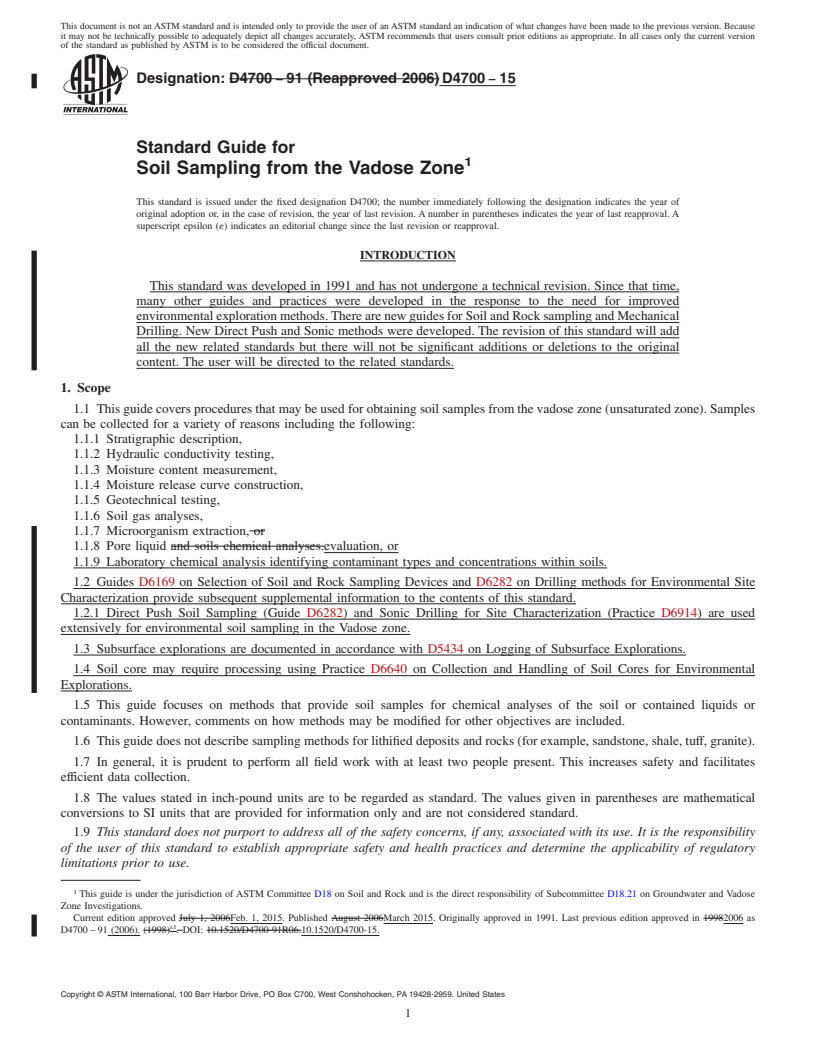 REDLINE ASTM D4700-15 - Standard Guide for  Soil Sampling from the Vadose Zone