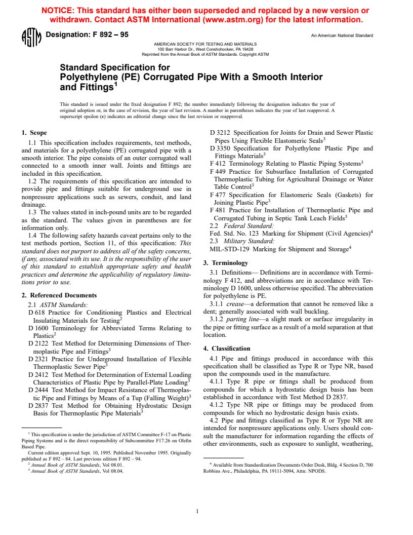 ASTM F892-95 - Specification for Polyethylene (PE) Corrugated Pipe With a Smooth Interior and Fittings (Withdrawn 2001)