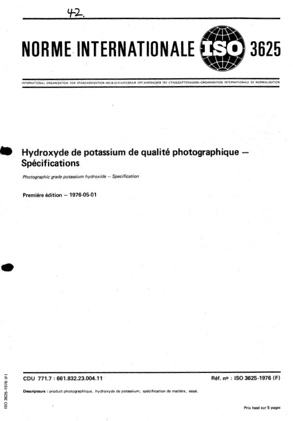 ISO 3625:1976 - Hydroxyde de potassium de qualité photographique -- Spécifications