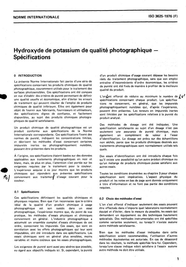 ISO 3625:1976 - Hydroxyde de potassium de qualité photographique -- Spécifications