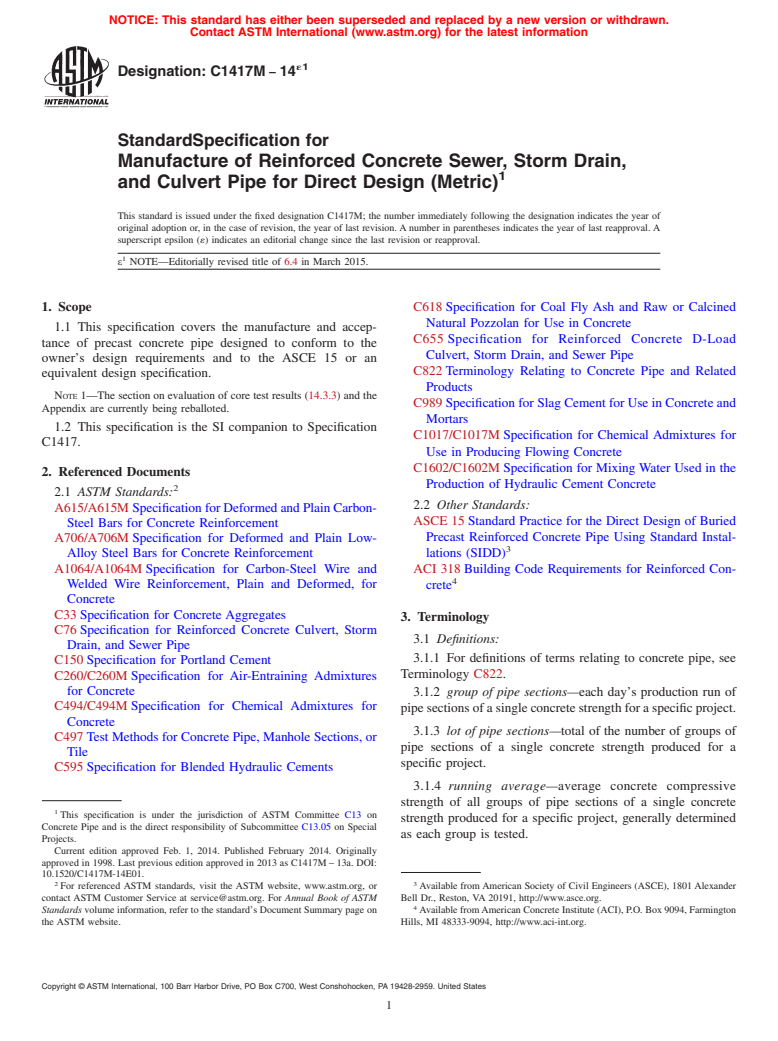 ASTM C1417M-14e1 - Standard Specification for  Manufacture of Reinforced Concrete Sewer, Storm Drain, and  Culvert Pipe for Direct Design (Metric)