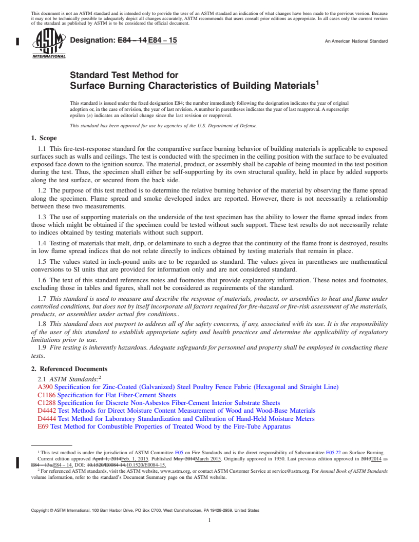 REDLINE ASTM E84-15 - Standard Test Method for  Surface Burning Characteristics of Building Materials