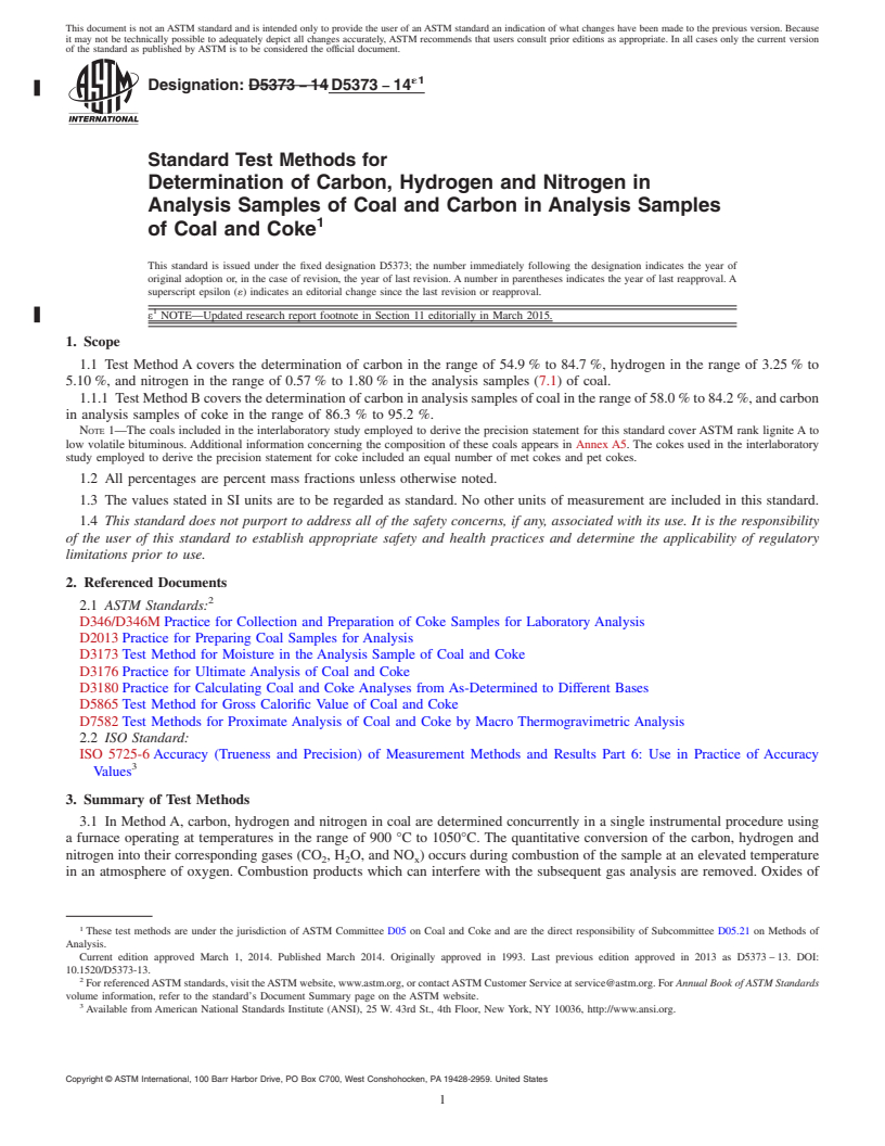 REDLINE ASTM D5373-14e1 - Standard Test Methods for  Determination of Carbon, Hydrogen and Nitrogen in Analysis  Samples of Coal and Carbon in Analysis Samples of Coal and Coke