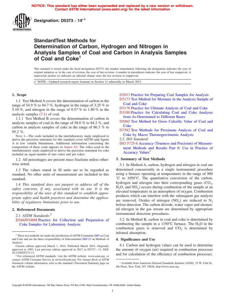 ASTM D5373-14e1 - Standard Test Methods for  Determination of Carbon, Hydrogen and Nitrogen in Analysis  Samples of Coal and Carbon in Analysis Samples of Coal and Coke