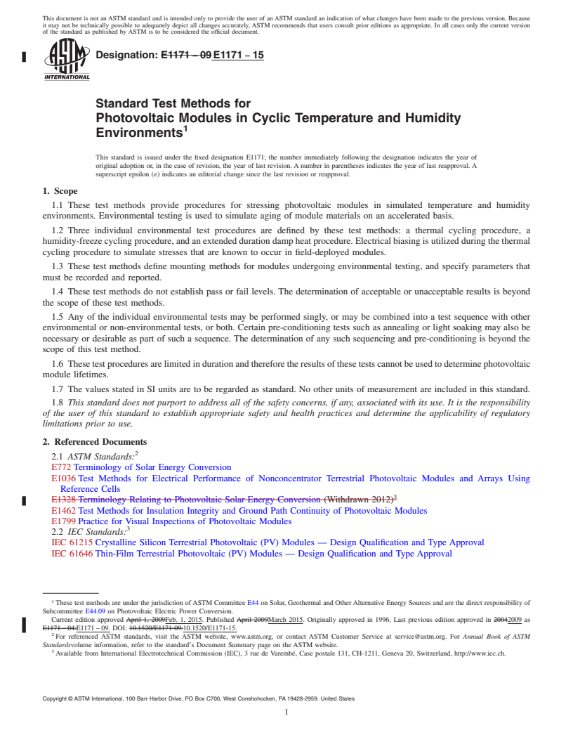 REDLINE ASTM E1171-15 - Standard Test Methods for  Photovoltaic Modules in Cyclic Temperature and Humidity Environments