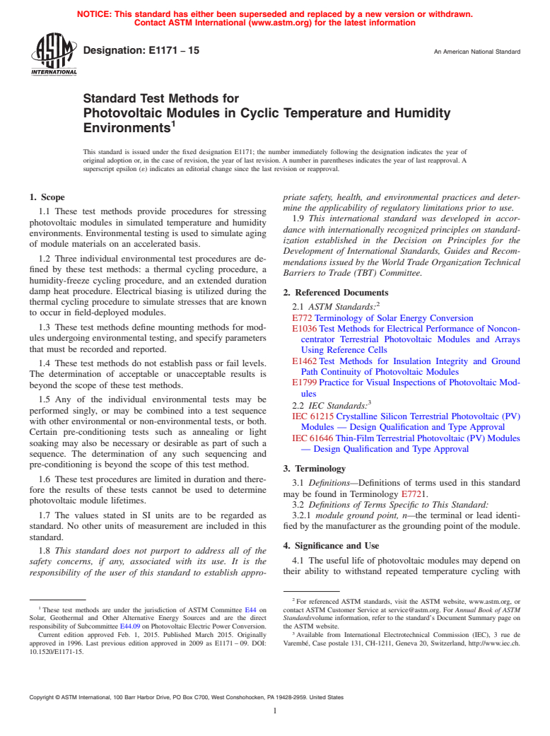 ASTM E1171-15 - Standard Test Methods for  Photovoltaic Modules in Cyclic Temperature and Humidity Environments