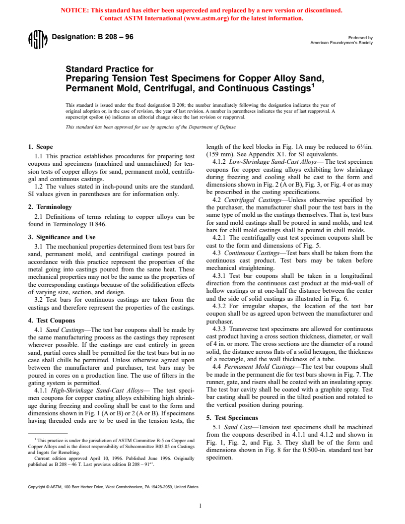 ASTM B208-96 - Standard Practice for Preparing Tension Test Specimens for Copper-Base Alloys for Sand, Permanent Mold, Centrifugal, and Continuous Castings