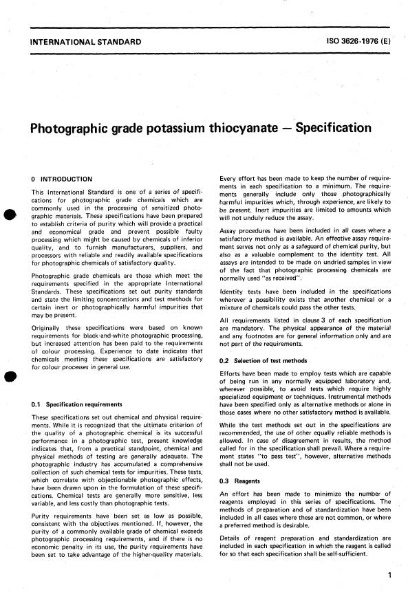 ISO 3626:1976 - Photographic grade potassium thiocyanate -- Specification