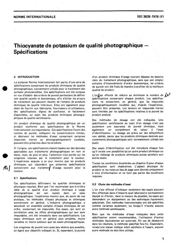 ISO 3626:1976 - Thiocyanate de potassium de qualité photographique -- Spécifications