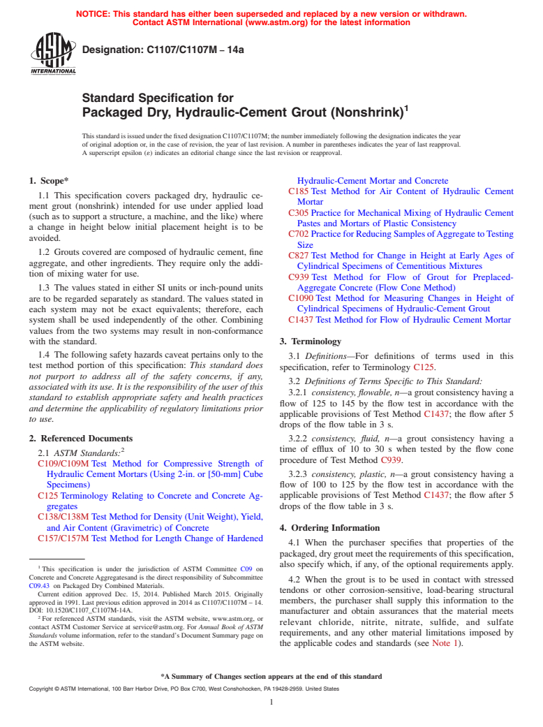 ASTM C1107/C1107M-14a - Standard Specification for  Packaged Dry, Hydraulic-Cement Grout (Nonshrink)