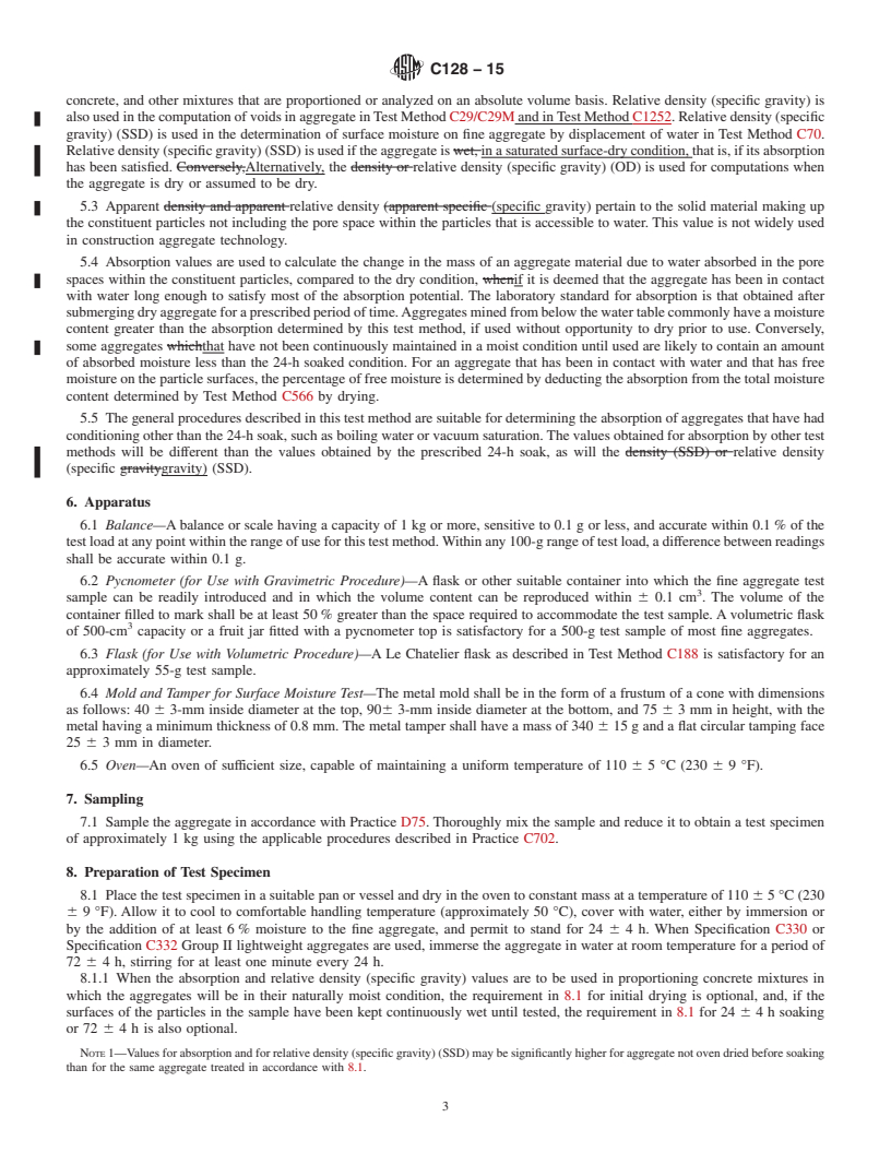 REDLINE ASTM C128-15 - Standard Test Method for  Relative Density (Specific Gravity) and Absorption of Fine  Aggregate