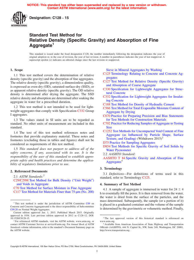 ASTM C128-15 - Standard Test Method for  Relative Density (Specific Gravity) and Absorption of Fine  Aggregate