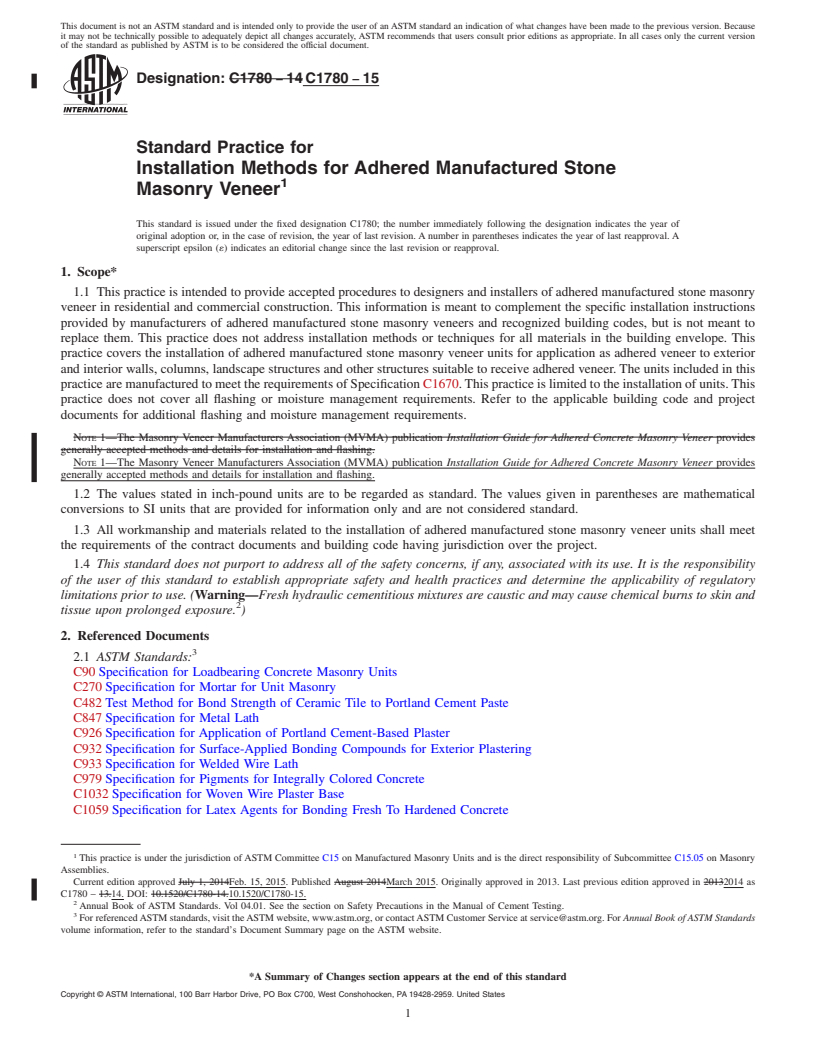 REDLINE ASTM C1780-15 - Standard Practice for Installation Methods for Adhered Manufactured Stone Masonry  Veneer