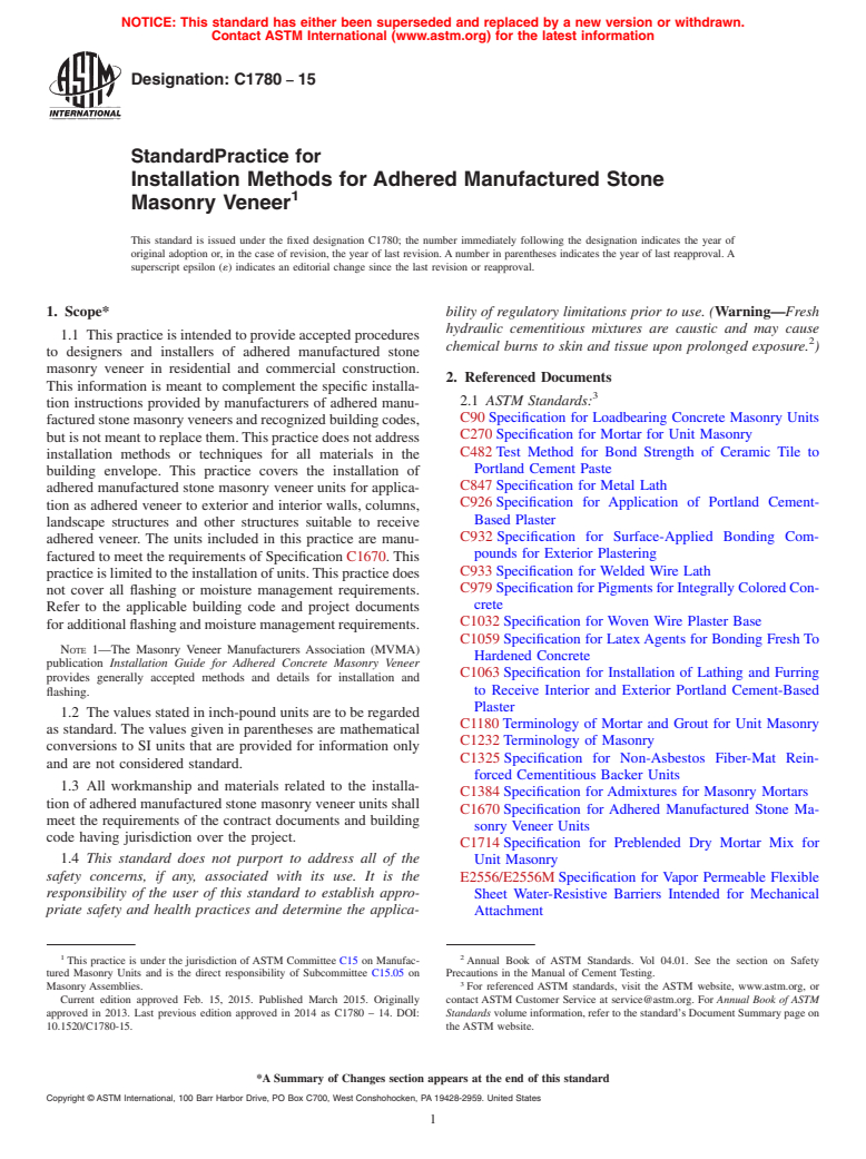 ASTM C1780-15 - Standard Practice for Installation Methods for Adhered Manufactured Stone Masonry  Veneer