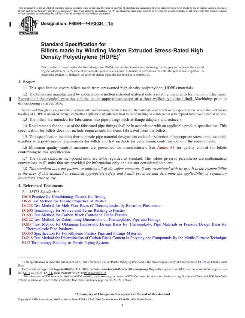 REDLINE ASTM F3034-15 - Standard Specification for Billets made by Winding Molten Extruded Stress-Rated High Density  Polyethylene (HDPE)