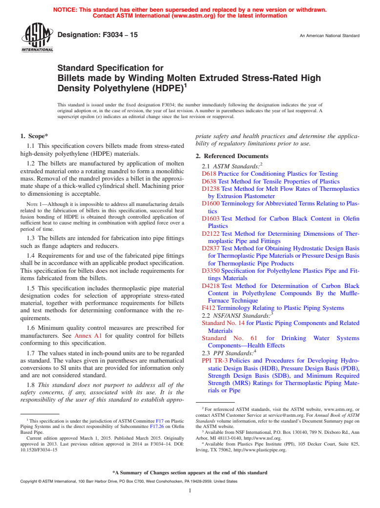 ASTM F3034-15 - Standard Specification for Billets made by Winding Molten Extruded Stress-Rated High Density  Polyethylene (HDPE)
