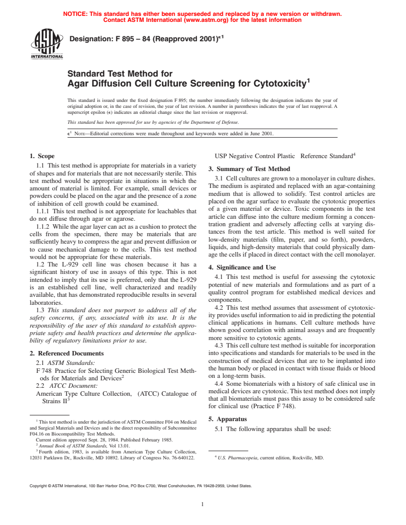 ASTM F895-84(2001)e1 - Standard Test Method for Agar Diffusion Cell Culture Screening for Cytotoxicity