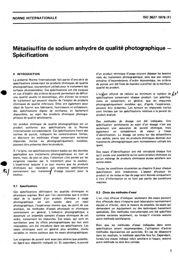 ISO 3627:1976 - Métadisulfite de sodium anhydre de qualité photographique -- Spécifications