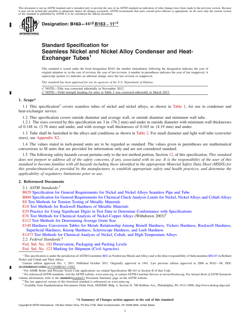 REDLINE ASTM B163-11e2 - Standard Specification for Seamless Nickel and Nickel Alloy Condenser and Heat-Exchanger  Tubes