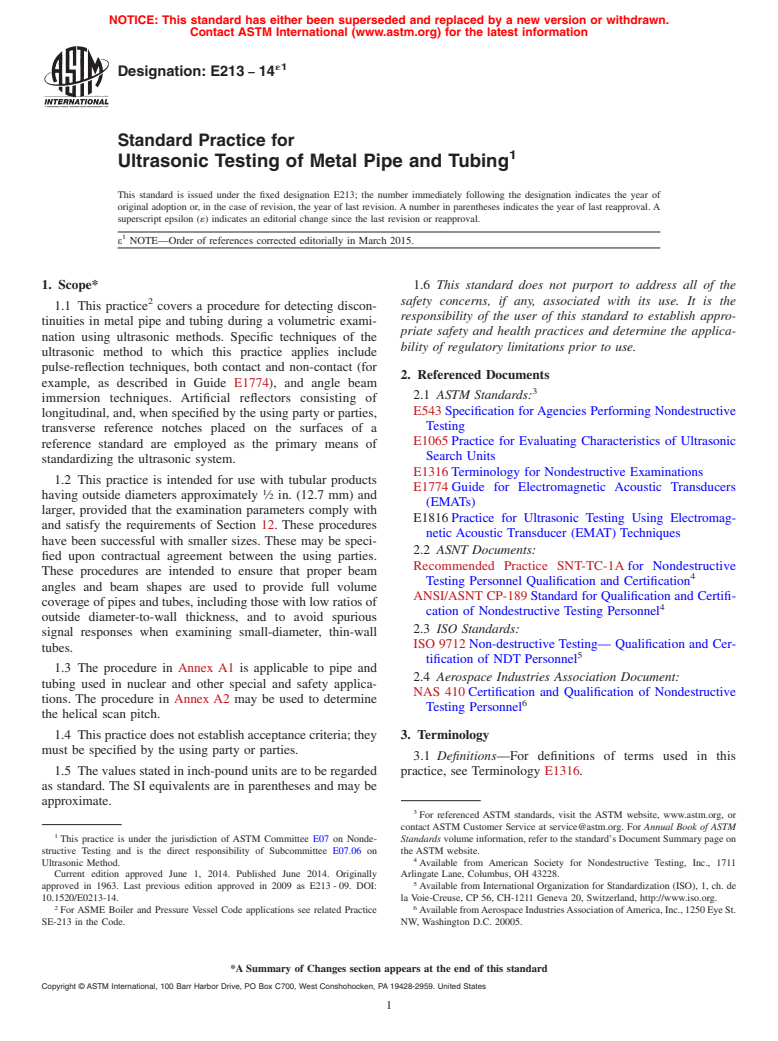 ASTM E213-14e1 - Standard Practice for  Ultrasonic Testing of Metal Pipe and Tubing