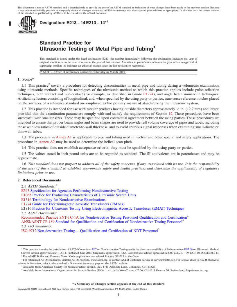 REDLINE ASTM E213-14e1 - Standard Practice for  Ultrasonic Testing of Metal Pipe and Tubing