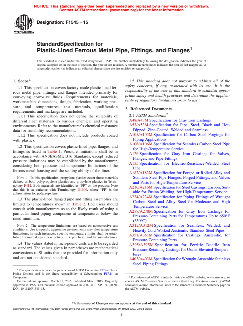 ASTM F1545-15 - Standard Specification for  Plastic-Lined Ferrous Metal Pipe, Fittings, and Flanges