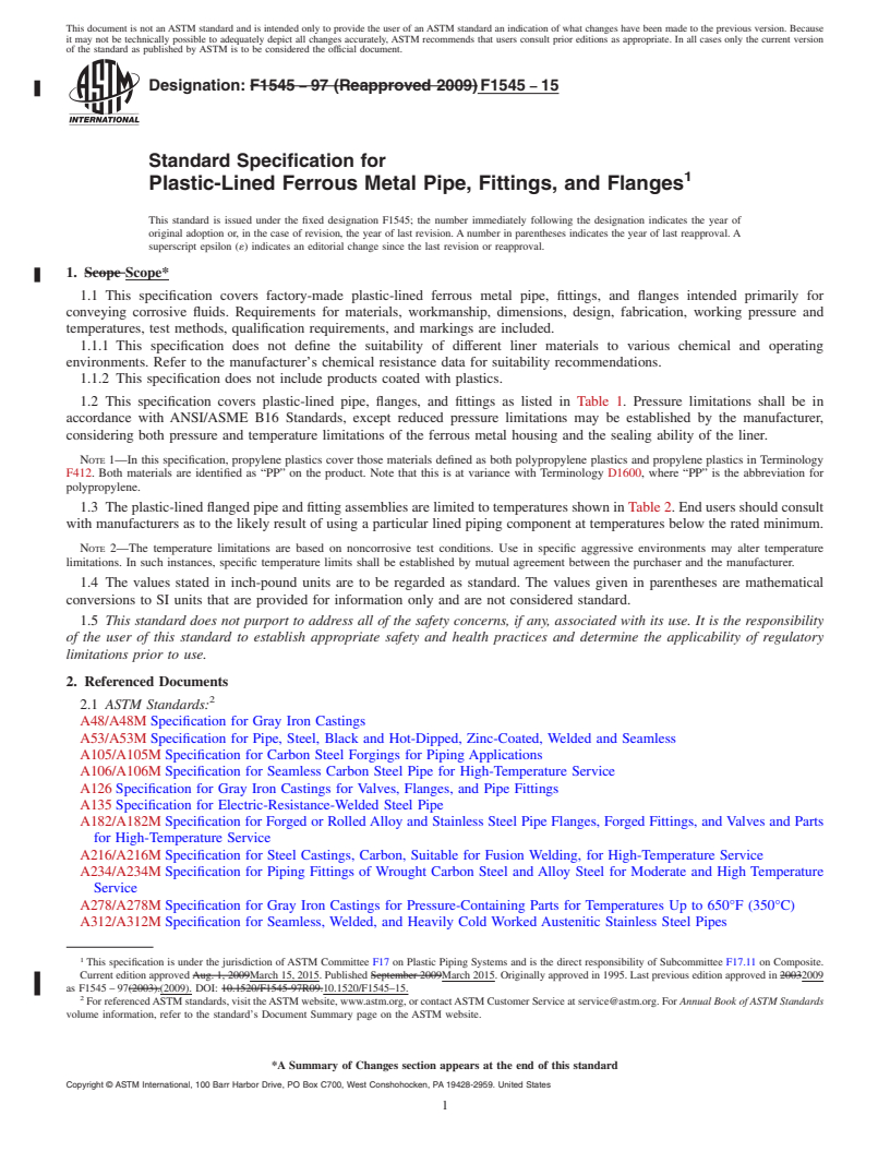 REDLINE ASTM F1545-15 - Standard Specification for  Plastic-Lined Ferrous Metal Pipe, Fittings, and Flanges