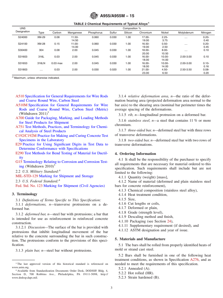 ASTM A955/A955M-15 - Standard Specification for  Deformed and Plain Stainless-Steel Bars for Concrete Reinforcement