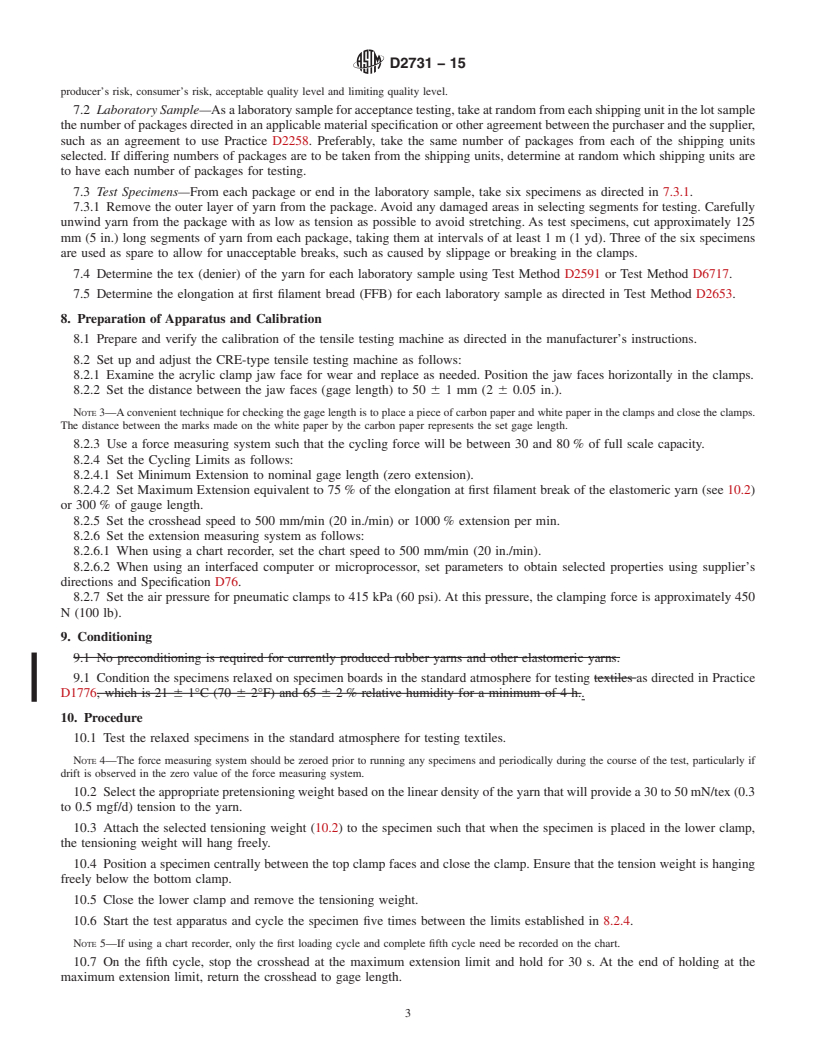 REDLINE ASTM D2731-15 - Standard Test Method for  Elastic Properties of Elastomeric Yarns (CRE Type Tensile Testing  Machines)